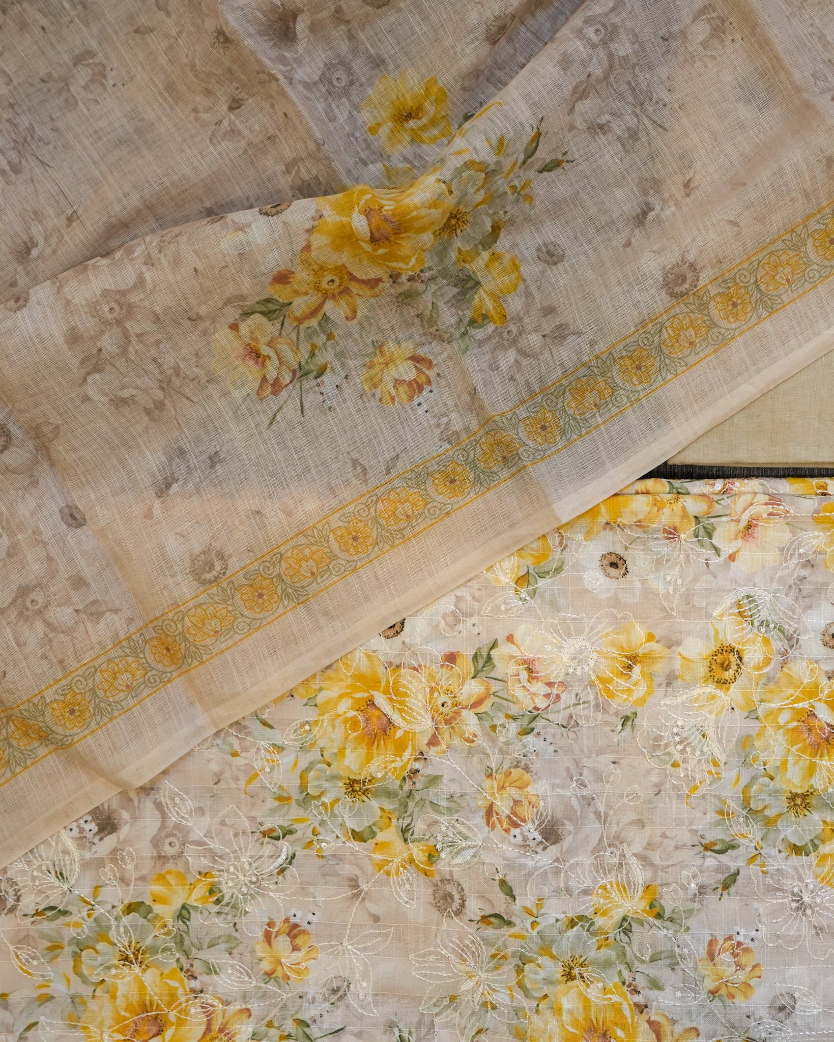 Yellow Cotton Chikankari Embroidered Floral Printed Unstitched Suit