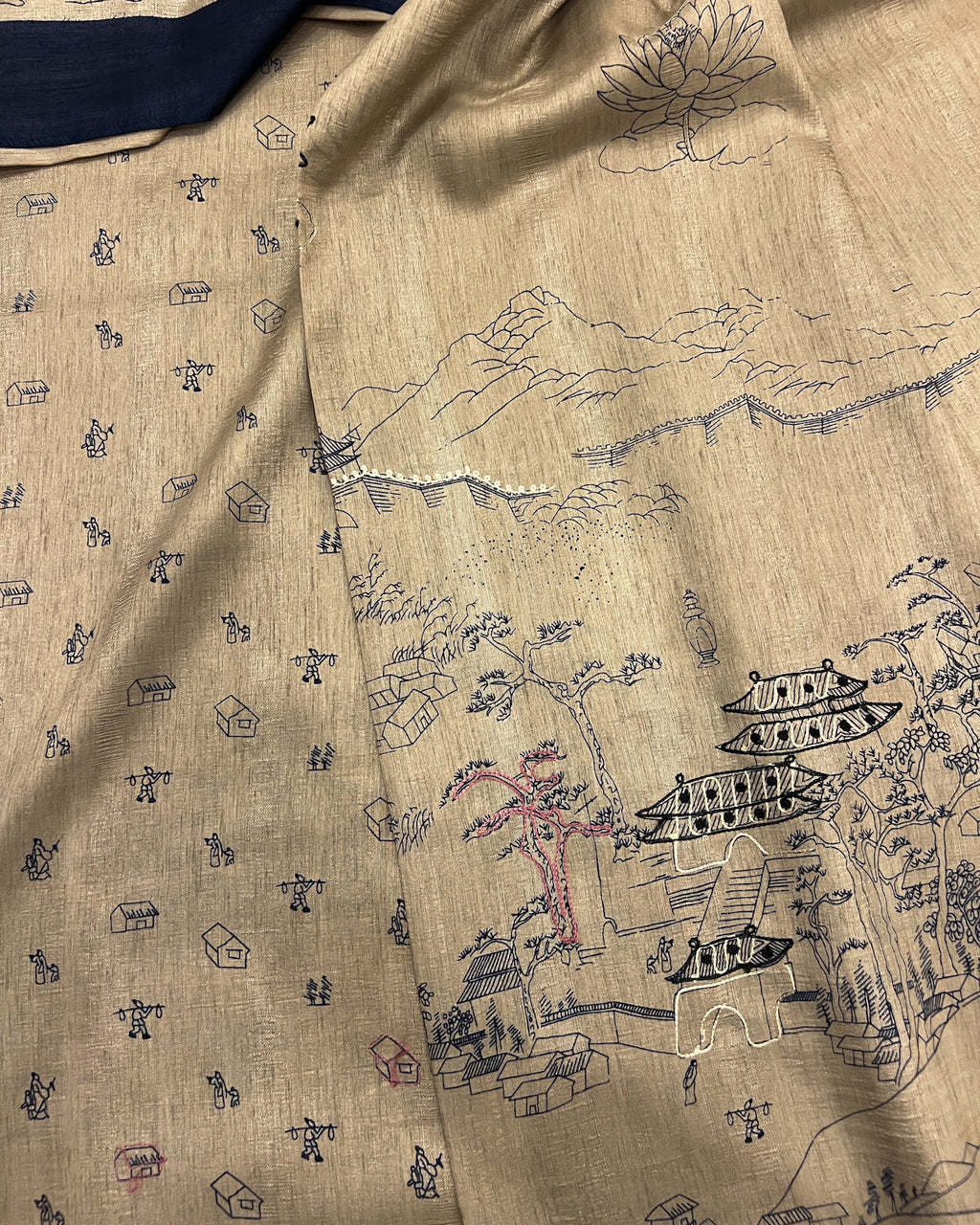 Beige/Blue Tussar Saree with Japanese Artwork & Threadwork Highlighting