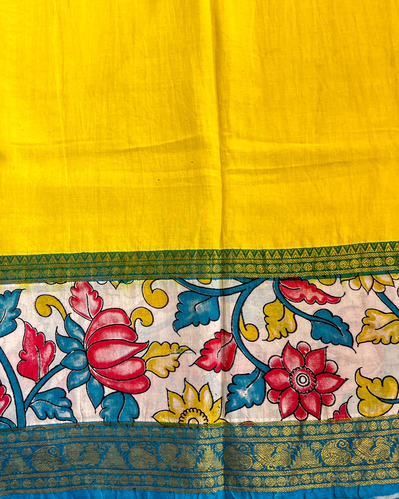 Mangalagiri Silk Saree with Kalamkari Border & Pallu | Yellow