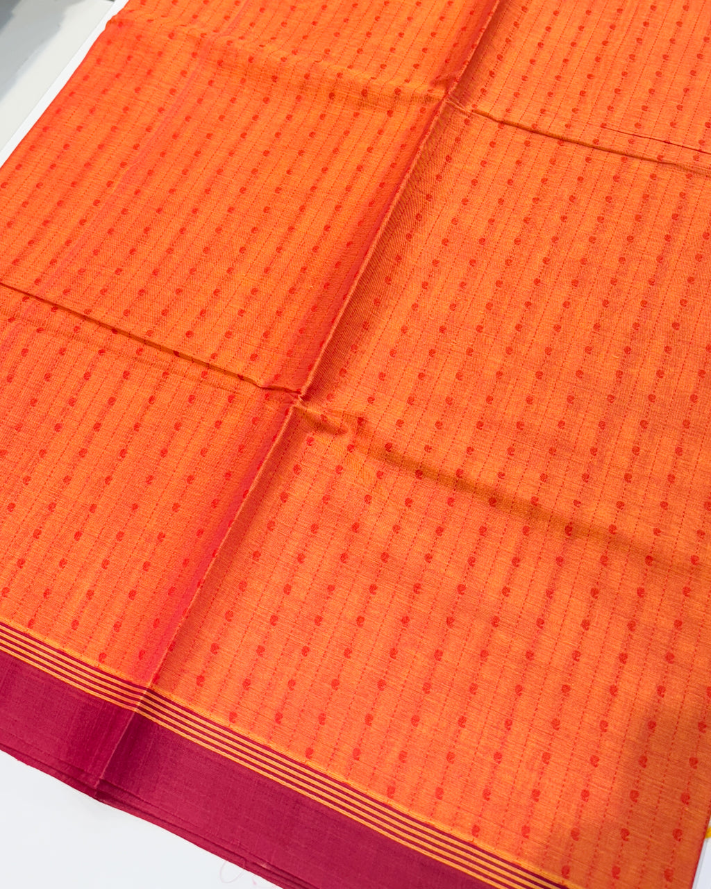 Kanchi Cotton Orange Saree with Mango Line Buttas Thread Work