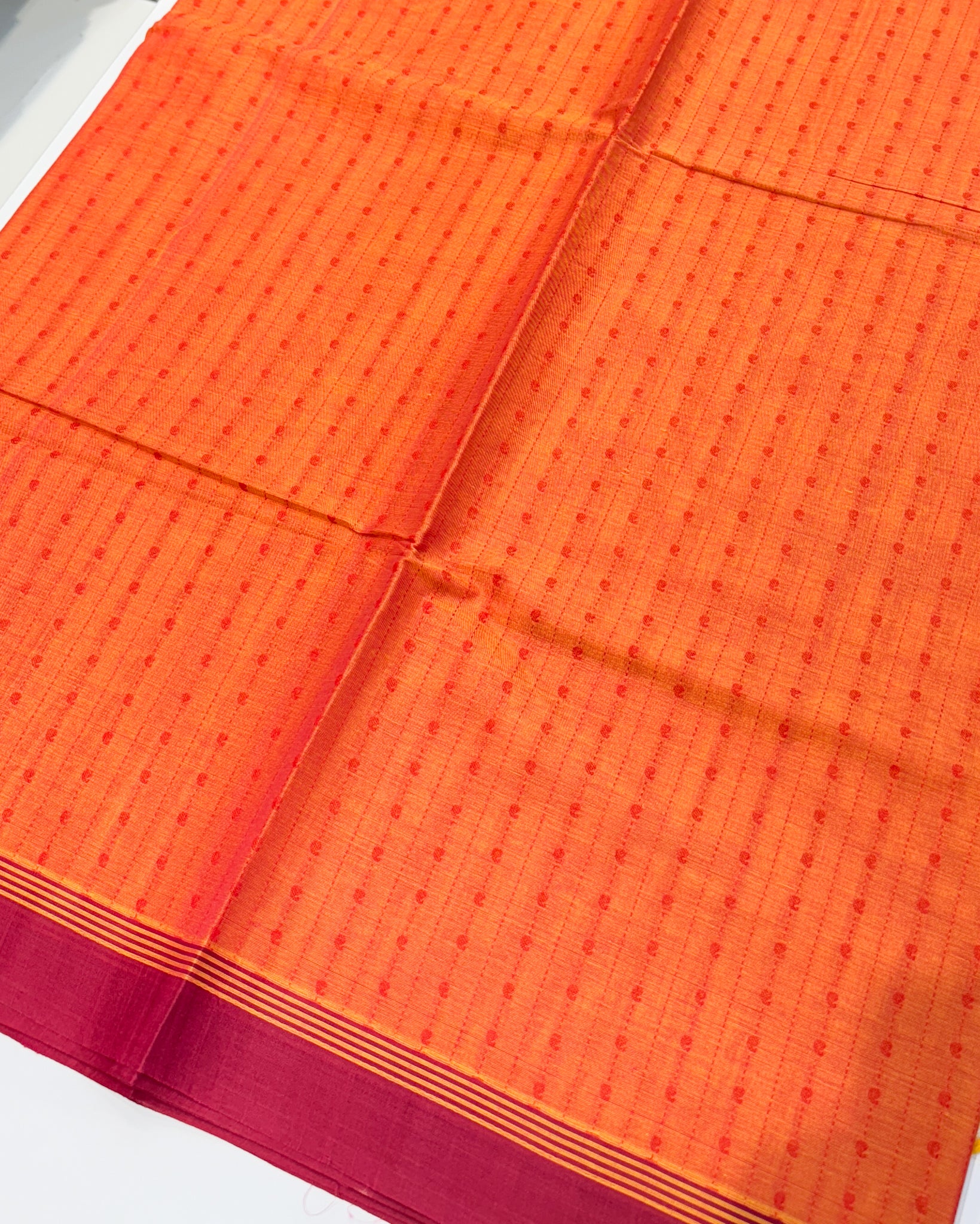 Kanchi Cotton Orange Saree with Mango Line Buttas Thread Work