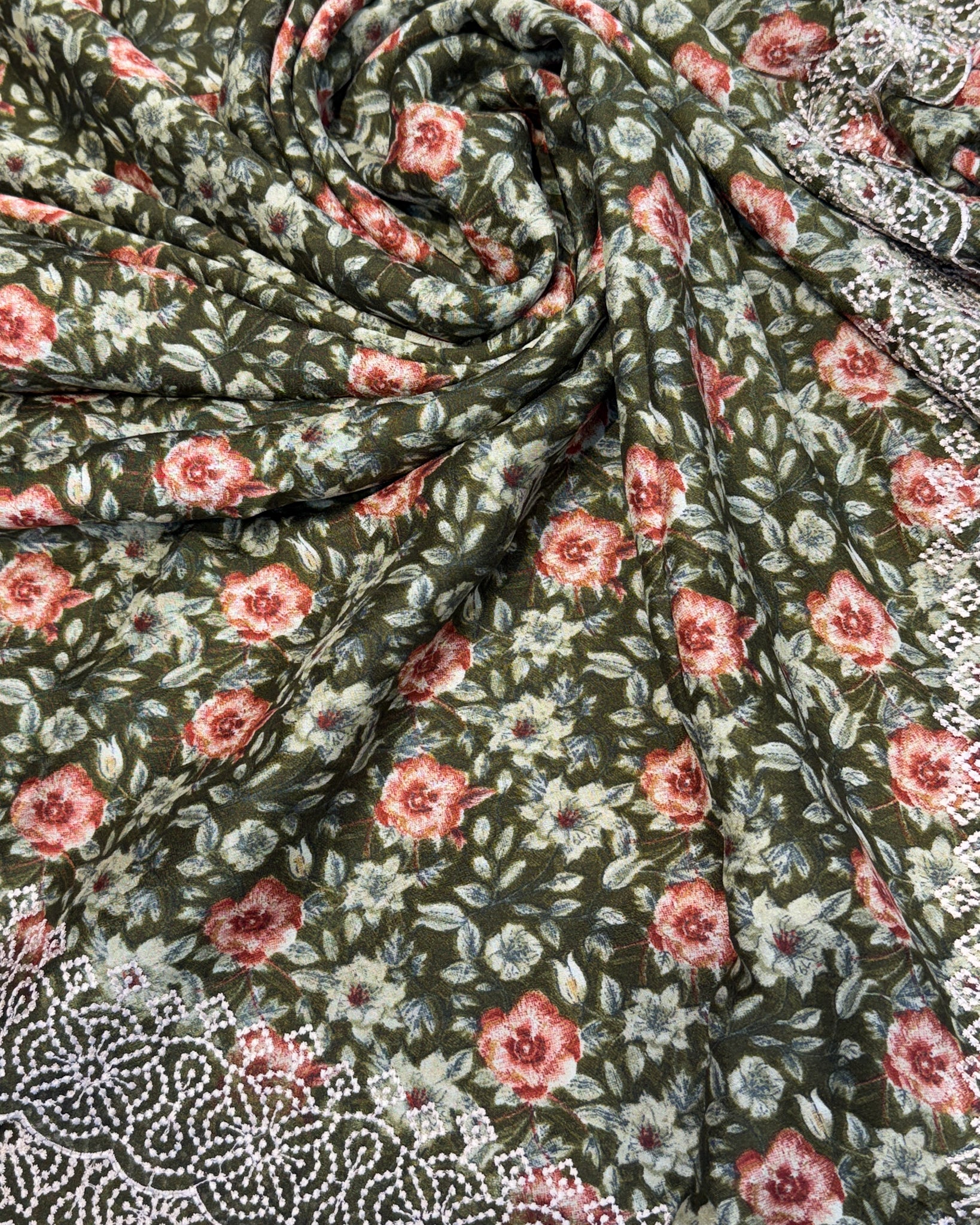 Premium Chiffon Saree with Embroidery Border – Mehendi Green