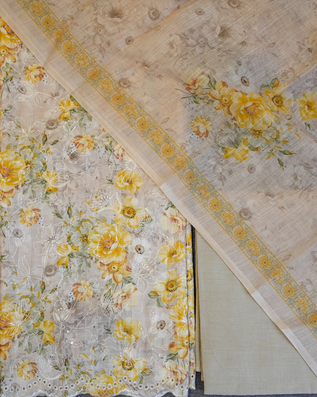 Yellow Cotton Chikankari Embroidered Floral Printed Unstitched Suit