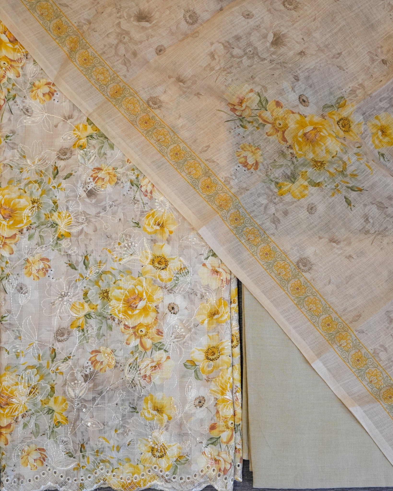 Yellow Cotton Chikankari Embroidered Floral Printed Unstitched Suit