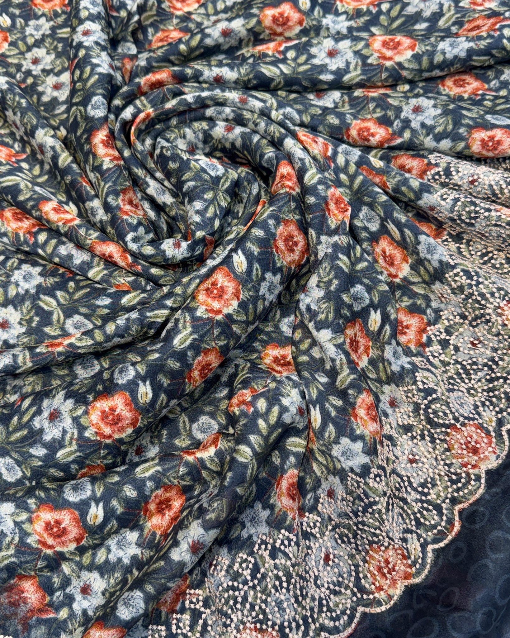 Premium Chiffon Saree with Embroidery Border – Navy Blue