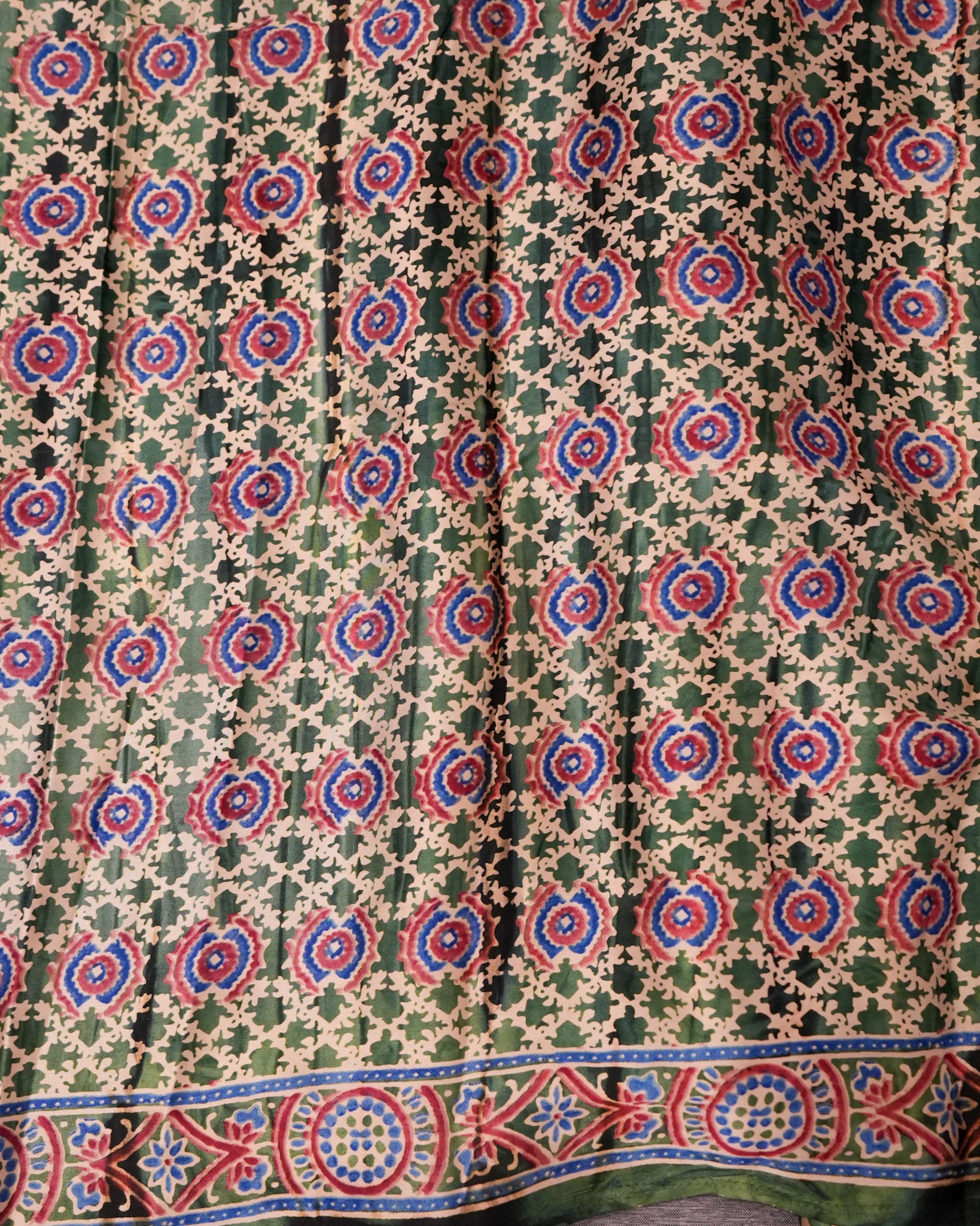 Premium Semi Modal Silk Saree in Green with Shibori & Ajrakh Print