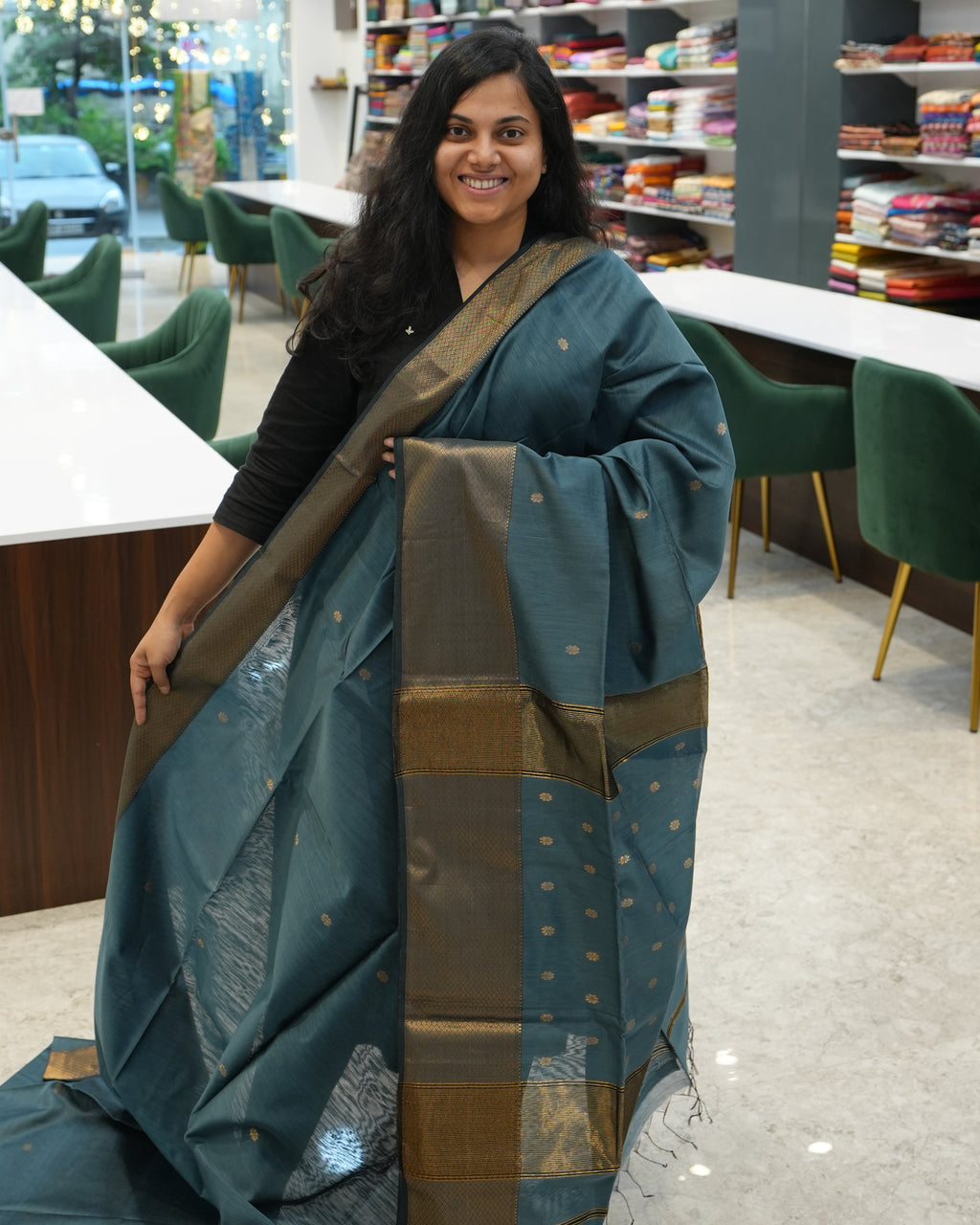 Slate Blue Woven Pure Silk Cotton Maheshwari Saree