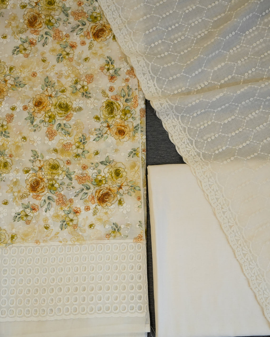 Cream & Yellow Cotton Chikankari Embroidered Floral Printed Unstitched Suit