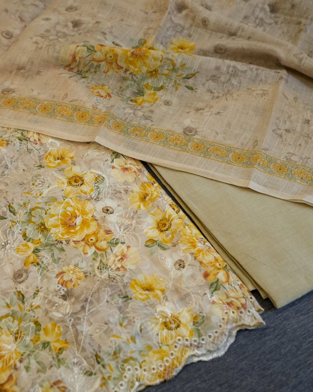 Yellow Cotton Chikankari Embroidered Floral Printed Unstitched Suit
