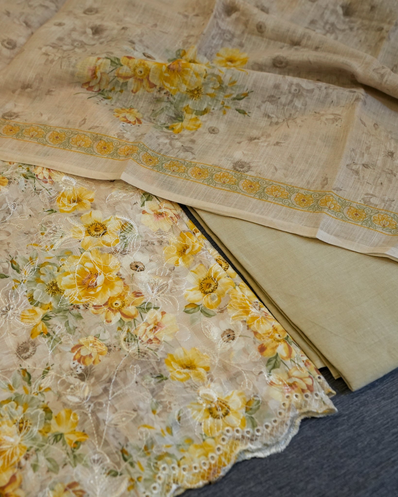 Yellow Cotton Chikankari Embroidered Floral Printed Unstitched Suit
