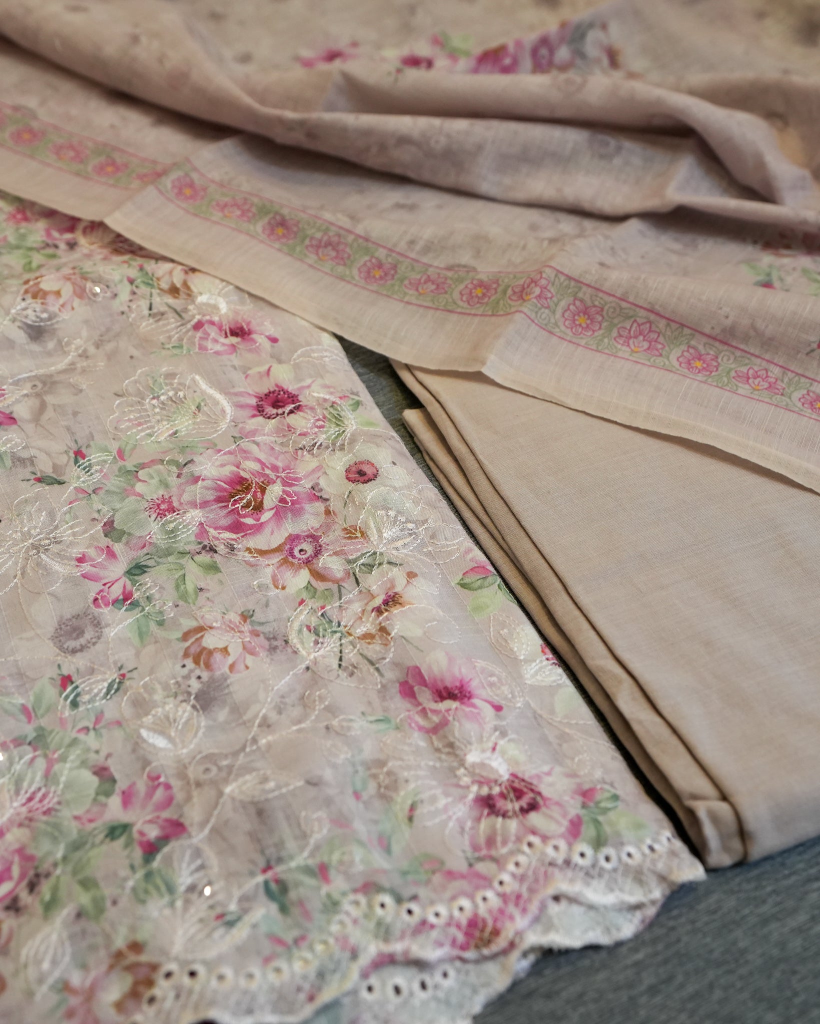 Pink Cotton Chikankari Embroidered Floral Printed Unstitched Suit