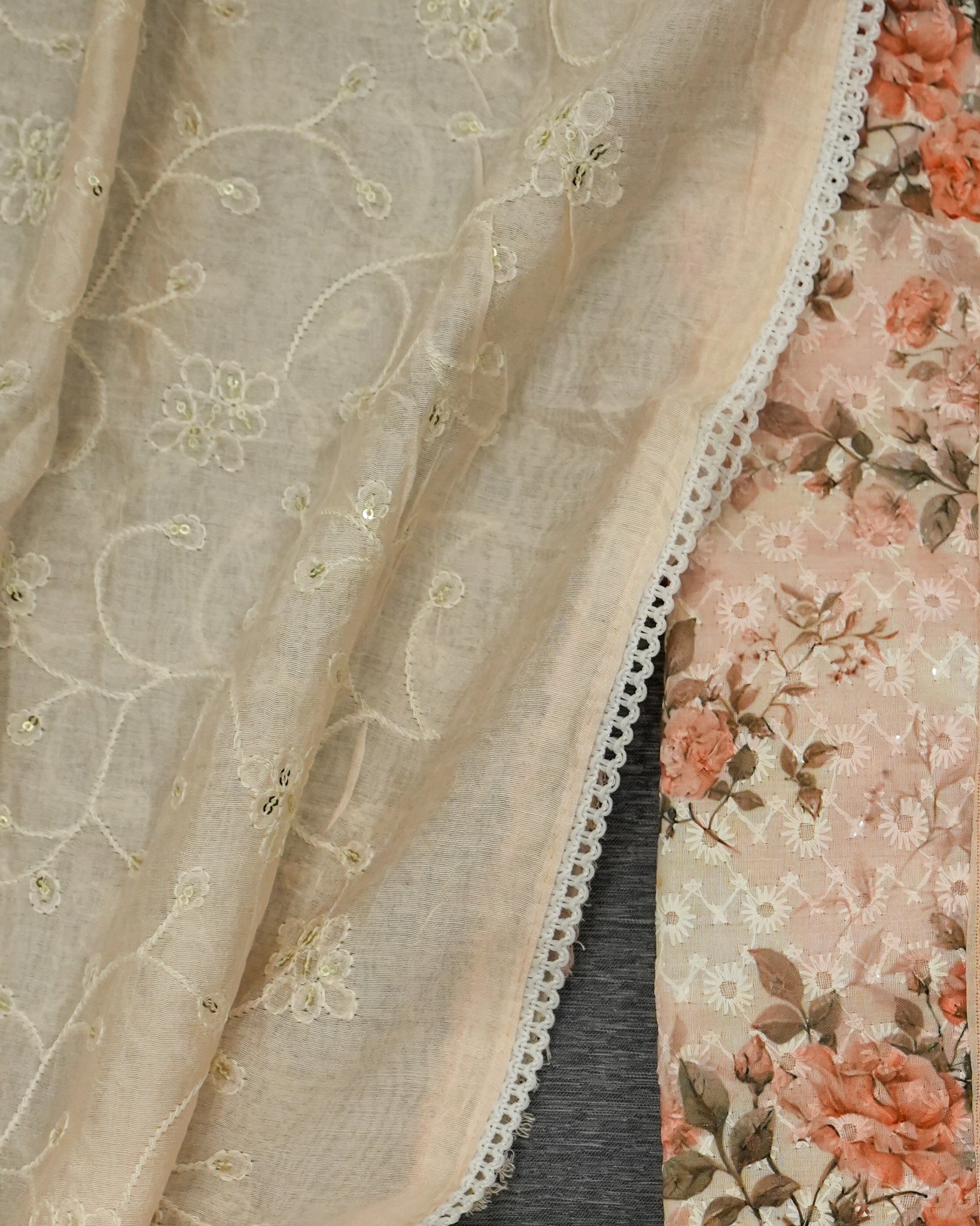 Orange Cotton Chikankari Embroidered Floral Printed Unstitched Suit