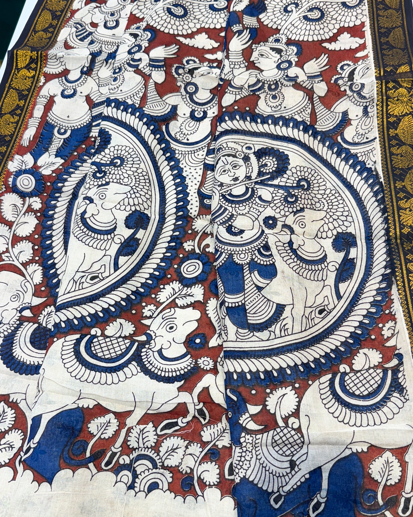 Kalamkari Cotton Saree with Nizam Border – White Village Pattern