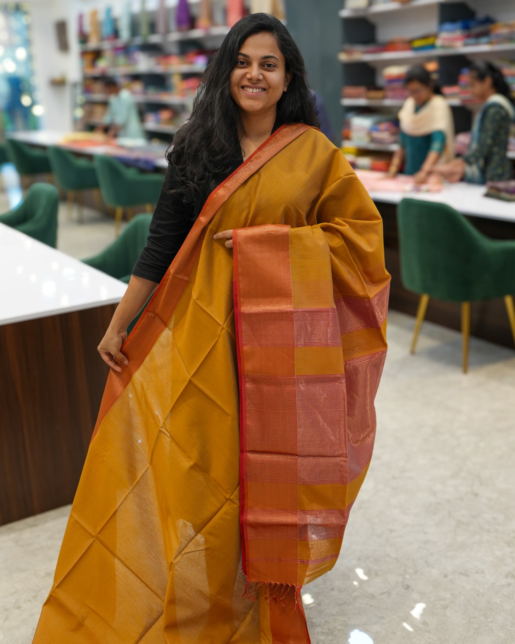 Yellow Red Woven Pure Silk Cotton Maheshwari Saree