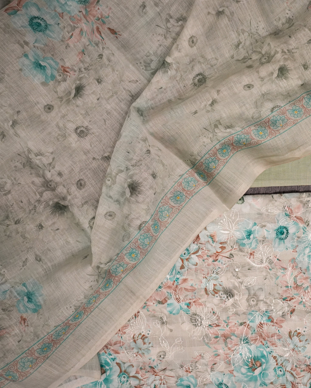 Blue Cotton Chikankari Embroidered Floral Printed Unstitched Suit