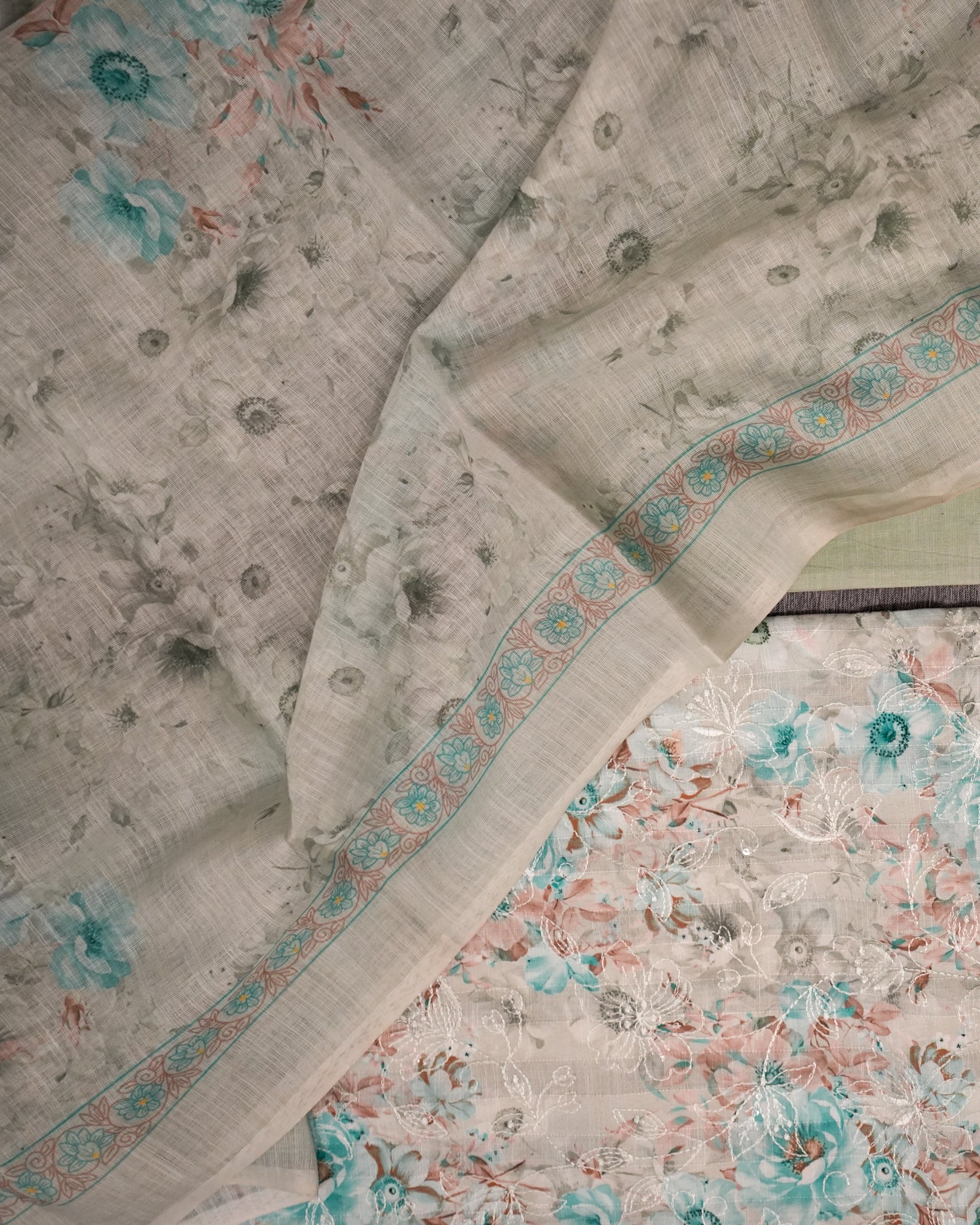 Blue Cotton Chikankari Embroidered Floral Printed Unstitched Suit