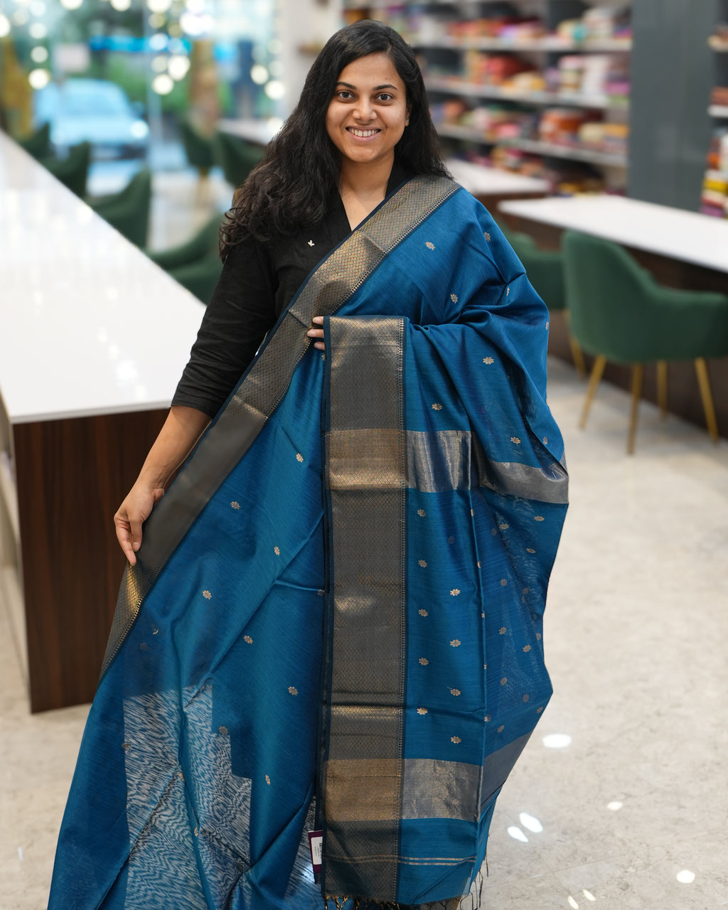 Blue Woven Pure Silk Cotton Maheshwari Saree