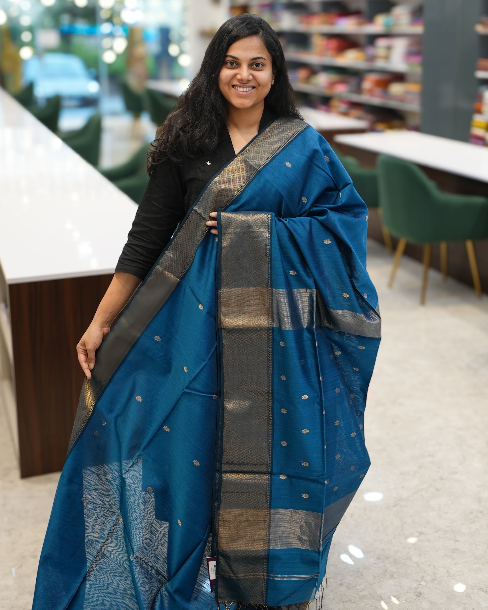 Blue Woven Pure Silk Cotton Maheshwari Saree