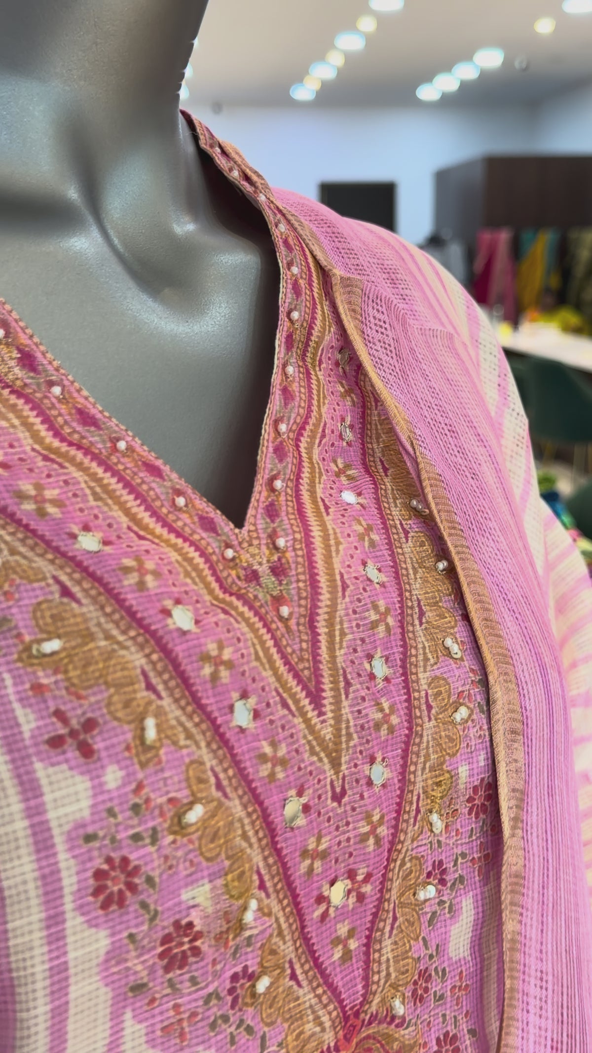 Blush Pink Lotus Print Kota Doria Readymade Kurta Set with Dupatta